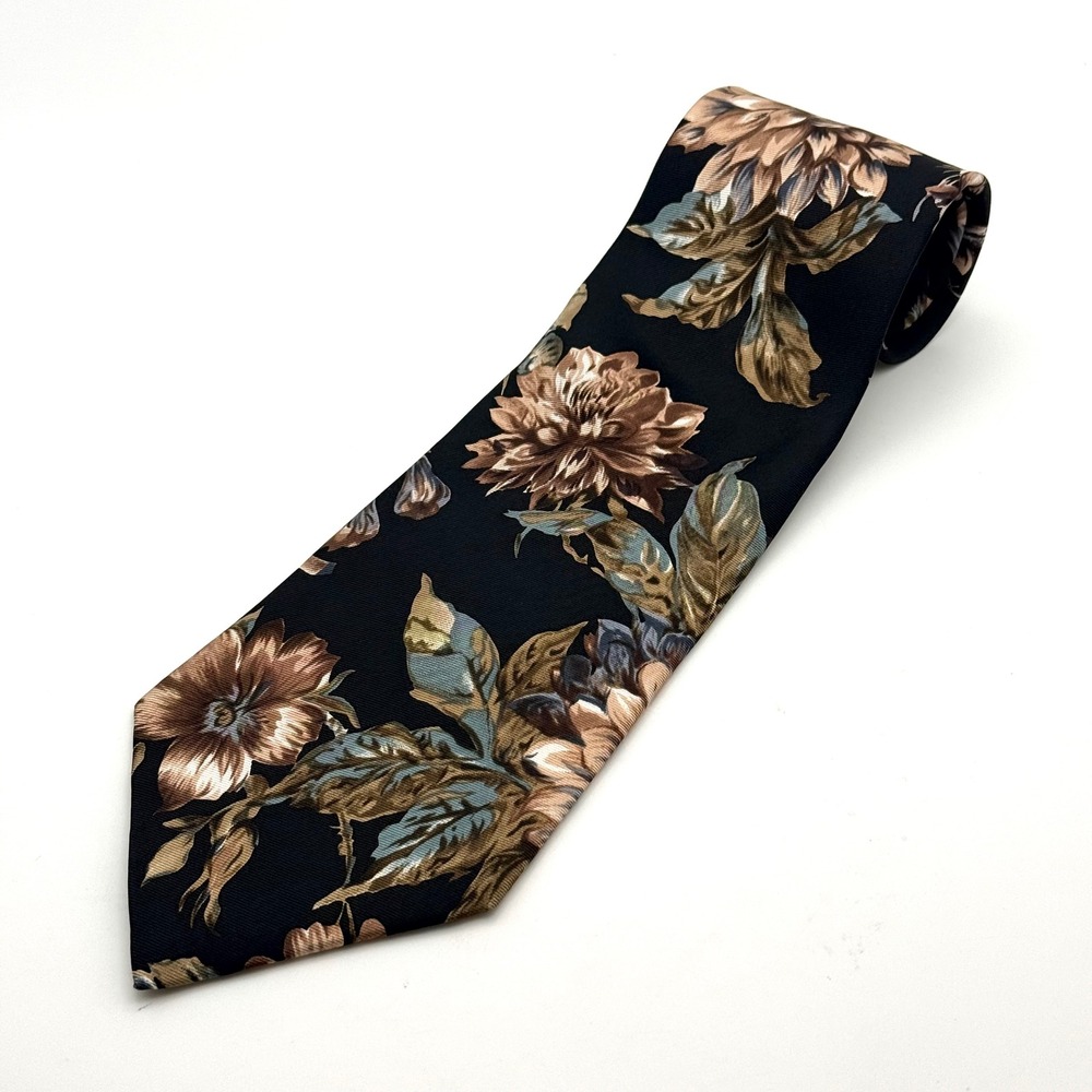 Contissima Mens Silk Tie Black Bronze Tan Floral Botanical Wide Necktie 3.875in
